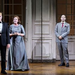 Rod Gilfry as Claudius, Catherine Carby as Gertrude, Christopher Lowrey as Guildenstern and Russell Harcourt as Rosencrantz in Hamlet.