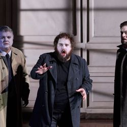 Andrew Moran as Marcellus, Allan Clayton as Hamlet and Samuel Dundas as Horatio in Hamlet. 