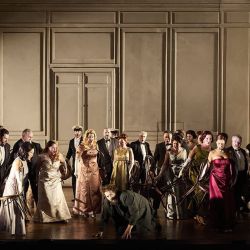 Allan Clayton as Hamlet with cast in Hamlet. 